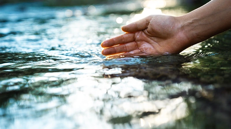 Personne qui trempe sa main dans l'eau vivante d'une rivière