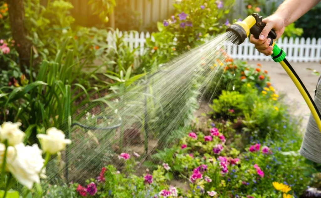 Personne arrosant des fleurs dans un jardin